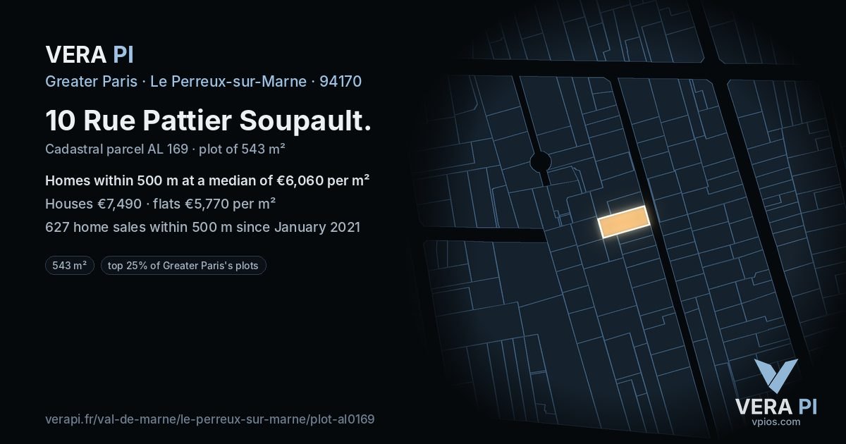 10 Rue Pattier Soupault, Le Perreux-sur-Marne at night – the plot lit, the parcels around coloured by the prices near them