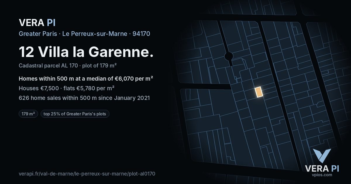 12 Villa la Garenne, Le Perreux-sur-Marne at night – the plot lit, the parcels around coloured by the prices near them
