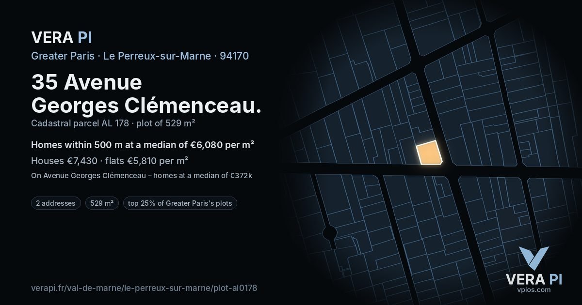 35 Avenue Georges Clémenceau, Le Perreux-sur-Marne at night – the plot lit, the parcels around coloured by the prices near them