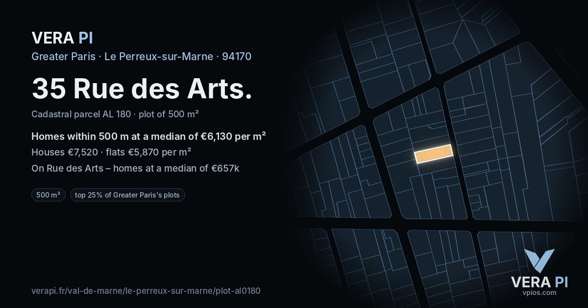 35 Rue des Arts, Le Perreux-sur-Marne at night – the plot lit, the parcels around coloured by the prices near them