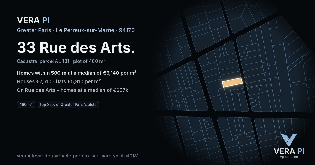 33 Rue des Arts, Le Perreux-sur-Marne at night – the plot lit, the parcels around coloured by the prices near them