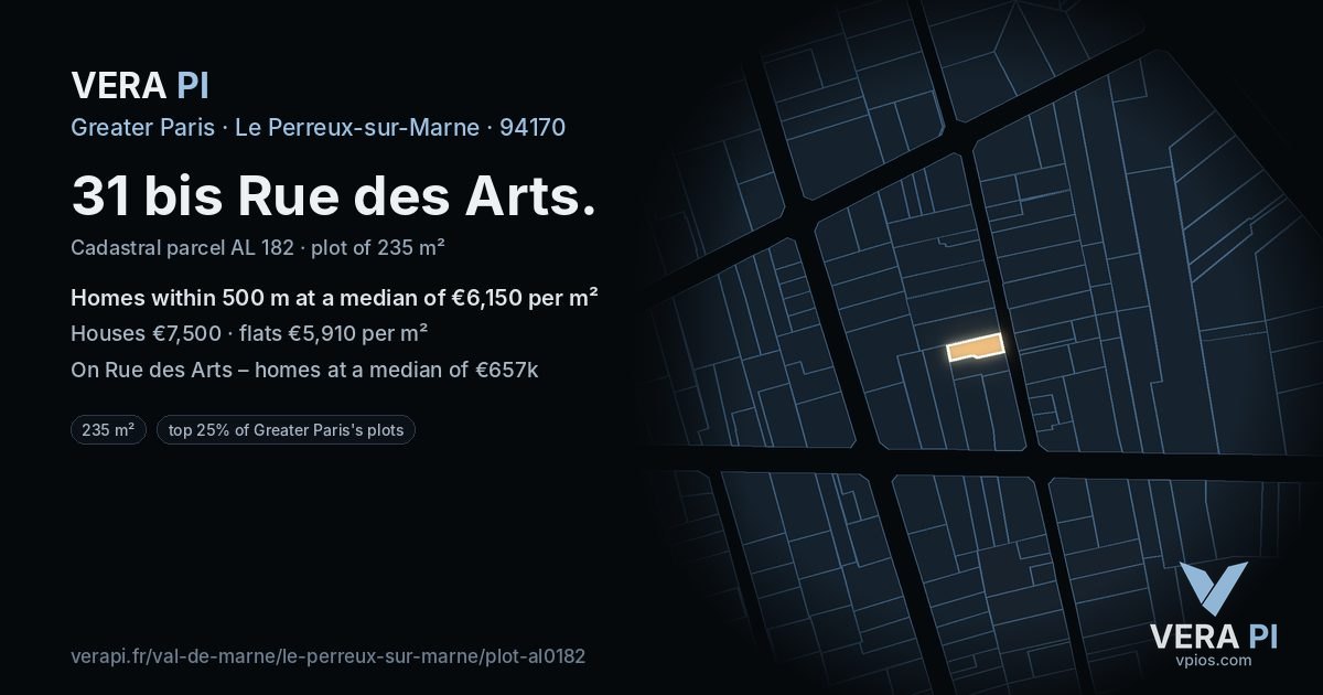 31 bis Rue des Arts, Le Perreux-sur-Marne at night – the plot lit, the parcels around coloured by the prices near them