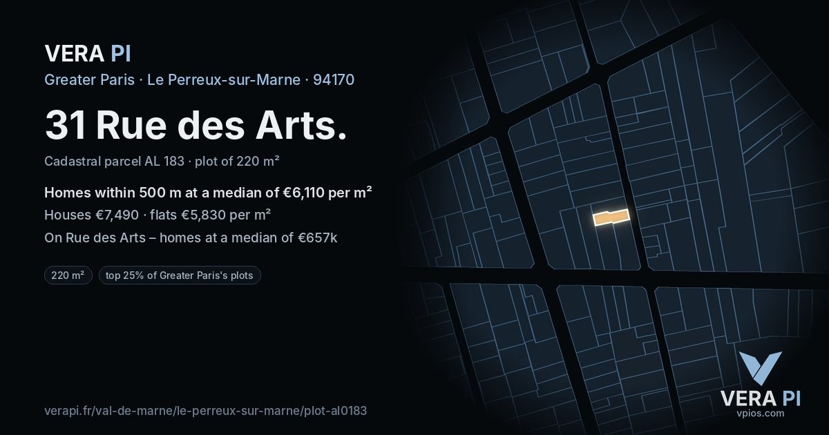 31 Rue des Arts, Le Perreux-sur-Marne at night – the plot lit, the parcels around coloured by the prices near them