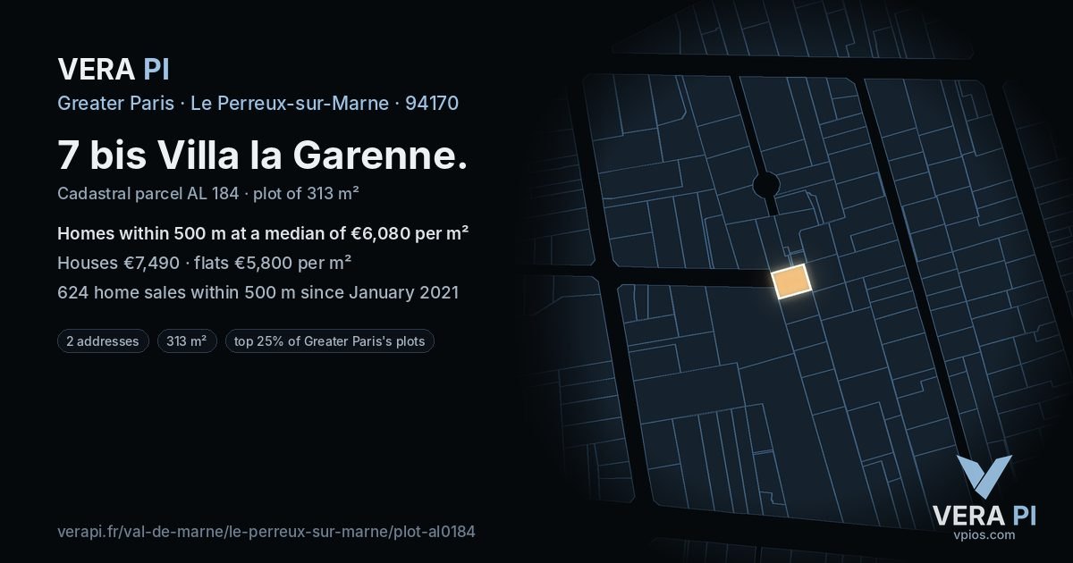 7 bis Villa la Garenne, Le Perreux-sur-Marne at night – the plot lit, the parcels around coloured by the prices near them