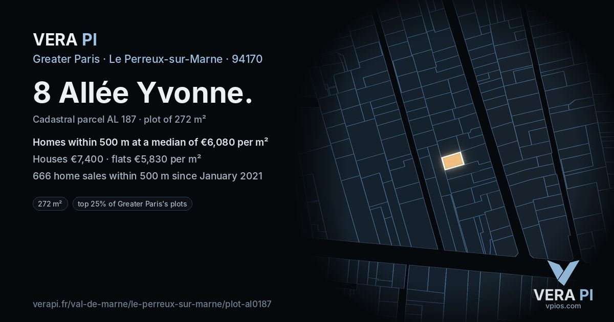 8 Allée Yvonne, Le Perreux-sur-Marne at night – the plot lit, the parcels around coloured by the prices near them