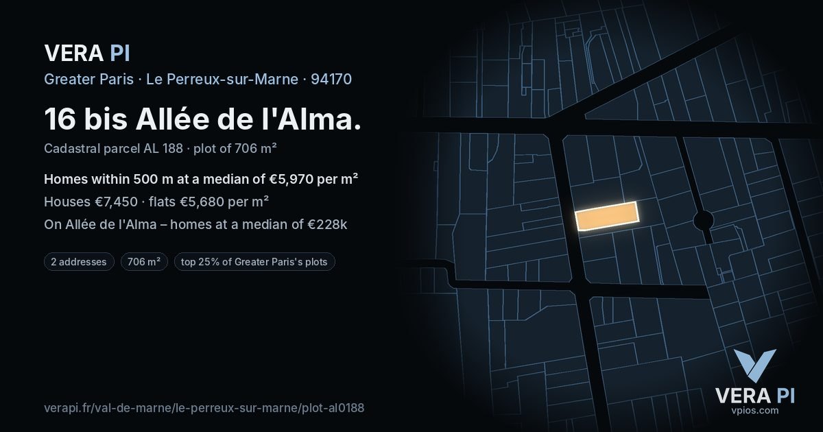16 bis Allée de l'Alma, Le Perreux-sur-Marne at night – the plot lit, the parcels around coloured by the prices near them