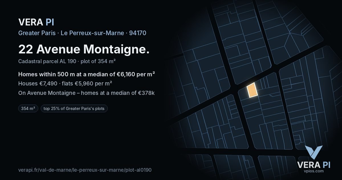 22 Avenue Montaigne, Le Perreux-sur-Marne at night – the plot lit, the parcels around coloured by the prices near them