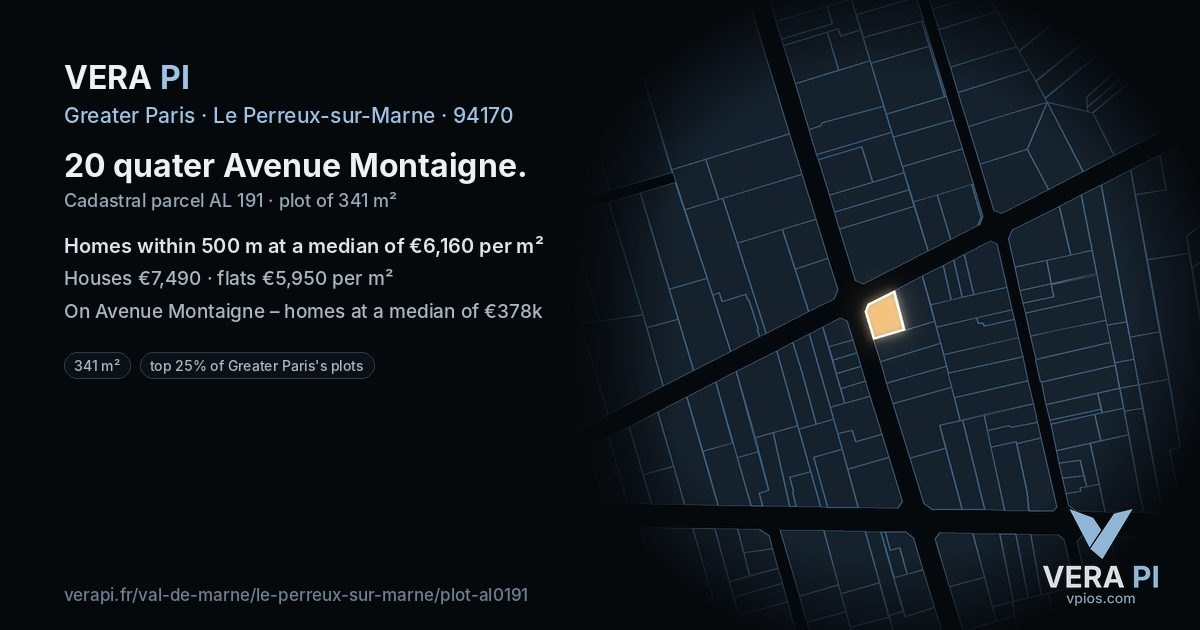 20 quater Avenue Montaigne, Le Perreux-sur-Marne at night – the plot lit, the parcels around coloured by the prices near them