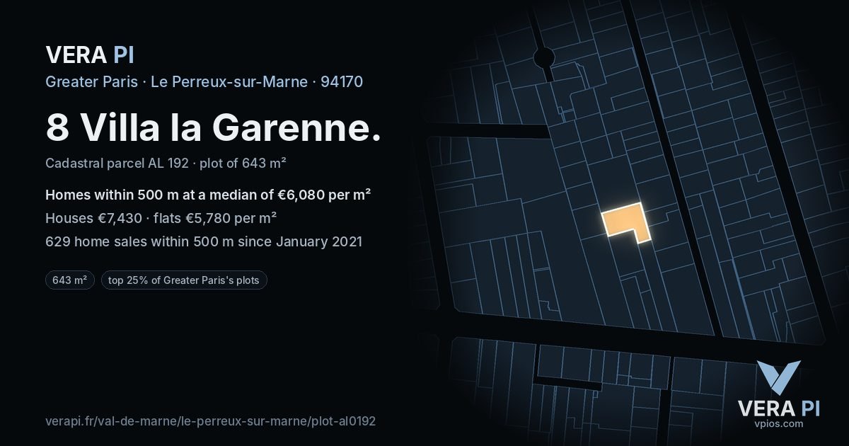 8 Villa la Garenne, Le Perreux-sur-Marne at night – the plot lit, the parcels around coloured by the prices near them