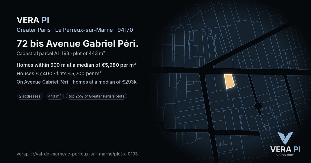 72 bis Avenue Gabriel Péri, Le Perreux-sur-Marne at night – the plot lit, the parcels around coloured by the prices near them