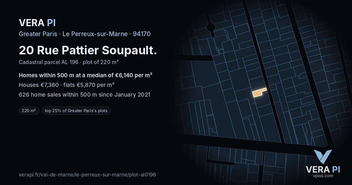 20 Rue Pattier Soupault, Le Perreux-sur-Marne at night – the plot lit, the parcels around coloured by the prices near them