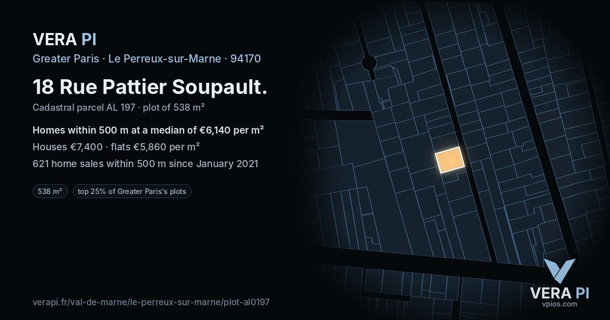 18 Rue Pattier Soupault, Le Perreux-sur-Marne at night – the plot lit, the parcels around coloured by the prices near them