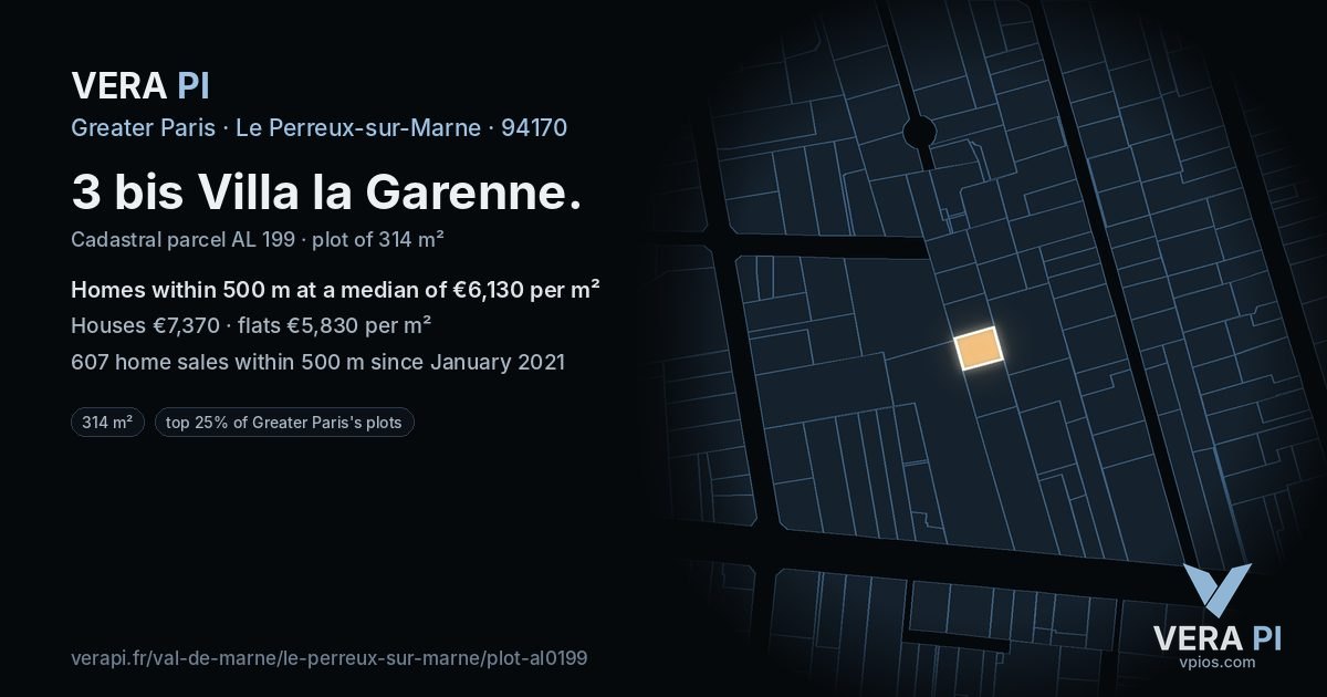 3 bis Villa la Garenne, Le Perreux-sur-Marne at night – the plot lit, the parcels around coloured by the prices near them