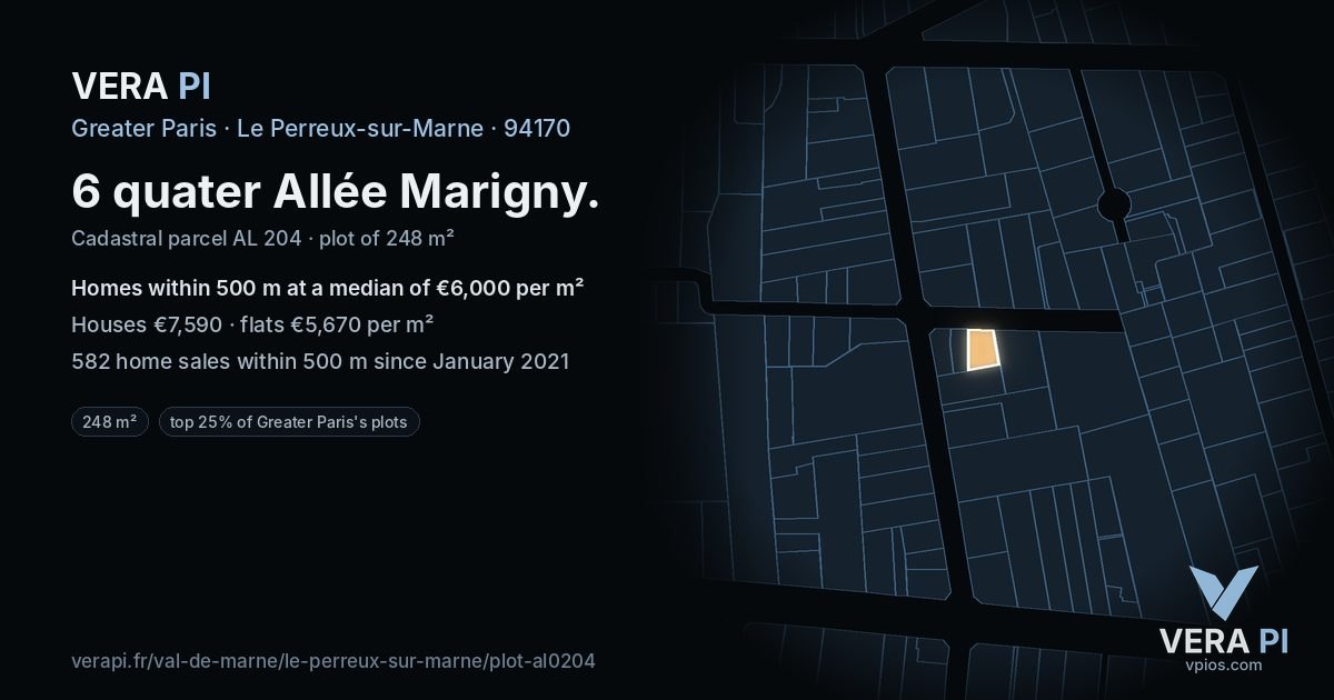 6 quater Allée Marigny, Le Perreux-sur-Marne at night – the plot lit, the parcels around coloured by the prices near them
