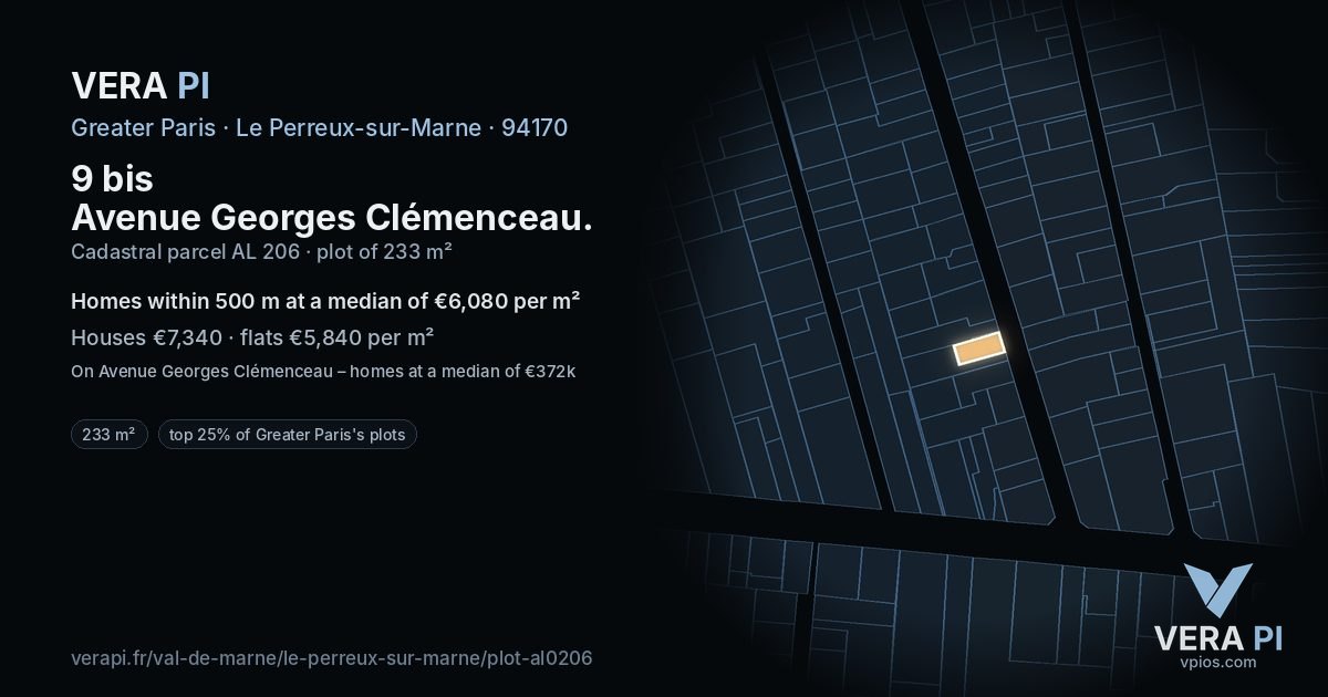 9 bis Avenue Georges Clémenceau, Le Perreux-sur-Marne at night – the plot lit, the parcels around coloured by the prices near them
