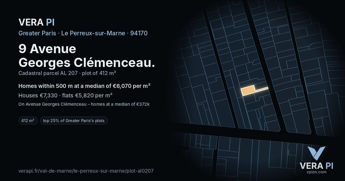 9 Avenue Georges Clémenceau, Le Perreux-sur-Marne at night – the plot lit, the parcels around coloured by the prices near them