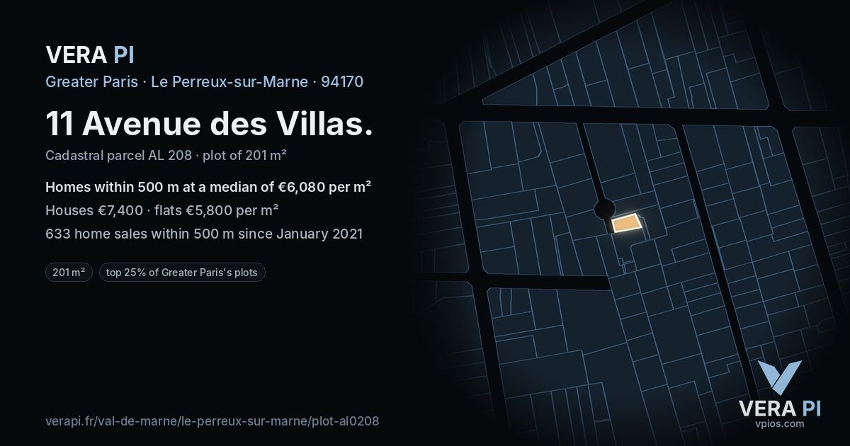11 Avenue des Villas, Le Perreux-sur-Marne at night – the plot lit, the parcels around coloured by the prices near them