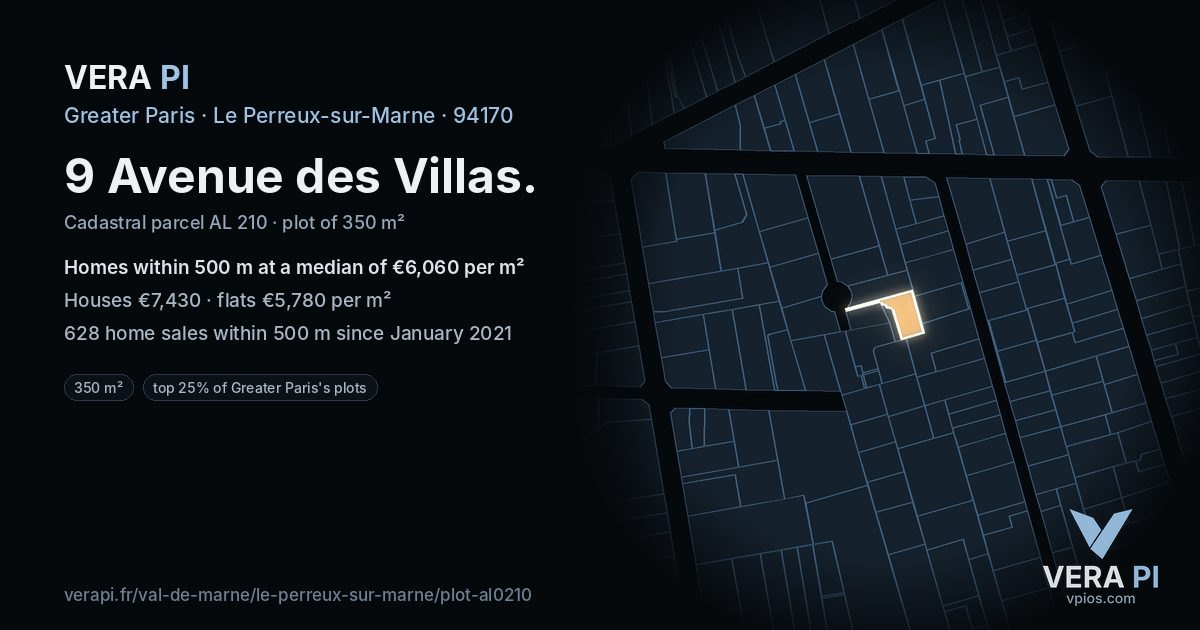 9 Avenue des Villas, Le Perreux-sur-Marne at night – the plot lit, the parcels around coloured by the prices near them