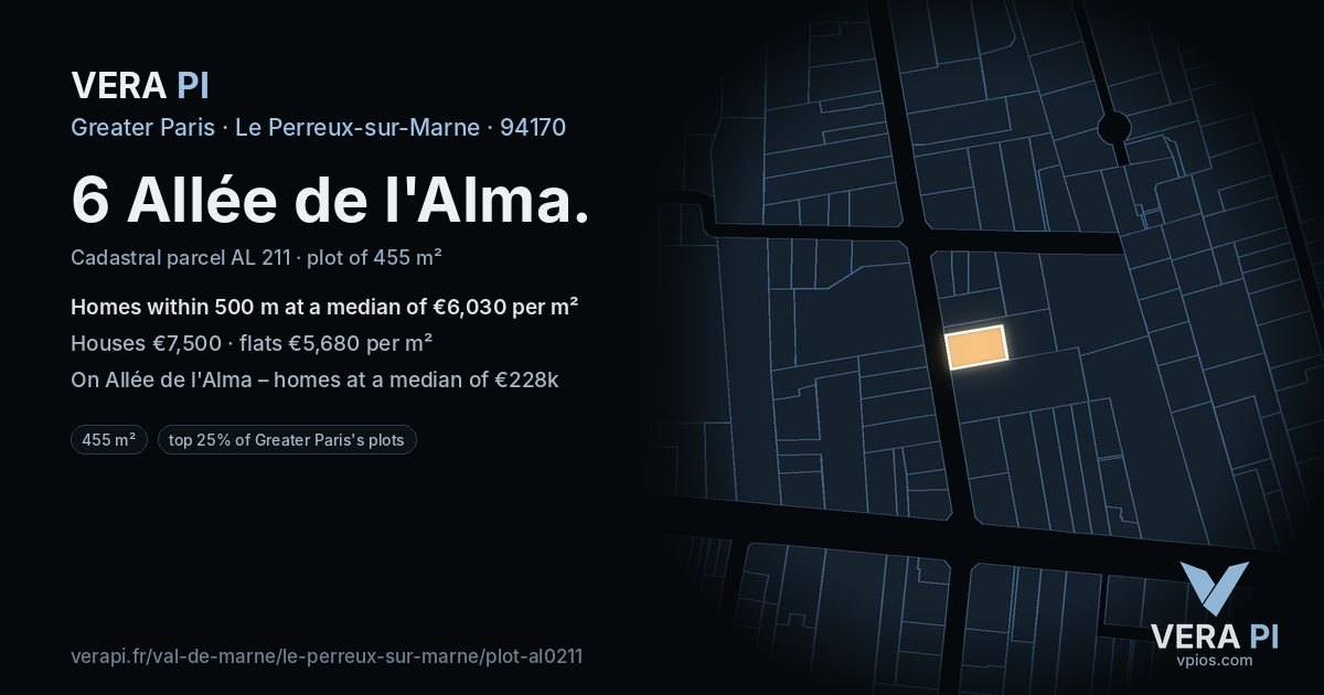 6 Allée de l'Alma, Le Perreux-sur-Marne at night – the plot lit, the parcels around coloured by the prices near them