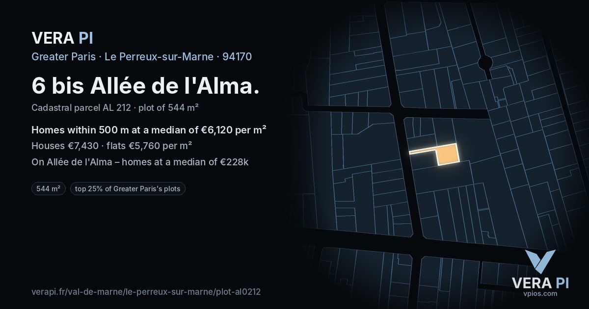 6 bis Allée de l'Alma, Le Perreux-sur-Marne at night – the plot lit, the parcels around coloured by the prices near them