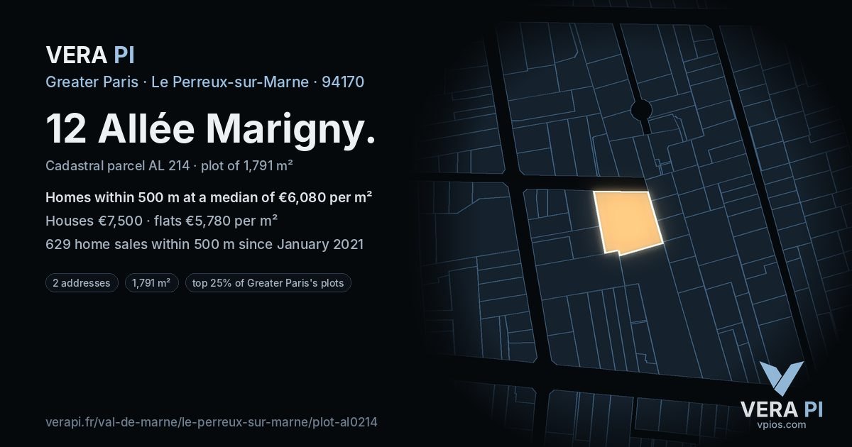 12 Allée Marigny, Le Perreux-sur-Marne at night – the plot lit, the parcels around coloured by the prices near them