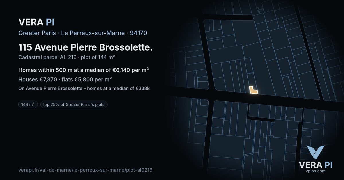 115 Avenue Pierre Brossolette, Le Perreux-sur-Marne at night – the plot lit, the parcels around coloured by the prices near them