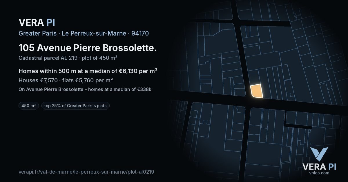 105 Avenue Pierre Brossolette, Le Perreux-sur-Marne at night – the plot lit, the parcels around coloured by the prices near them