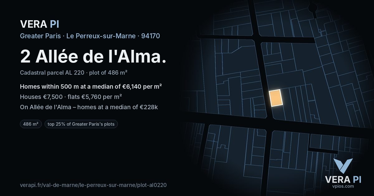 2 Allée de l'Alma, Le Perreux-sur-Marne at night – the plot lit, the parcels around coloured by the prices near them