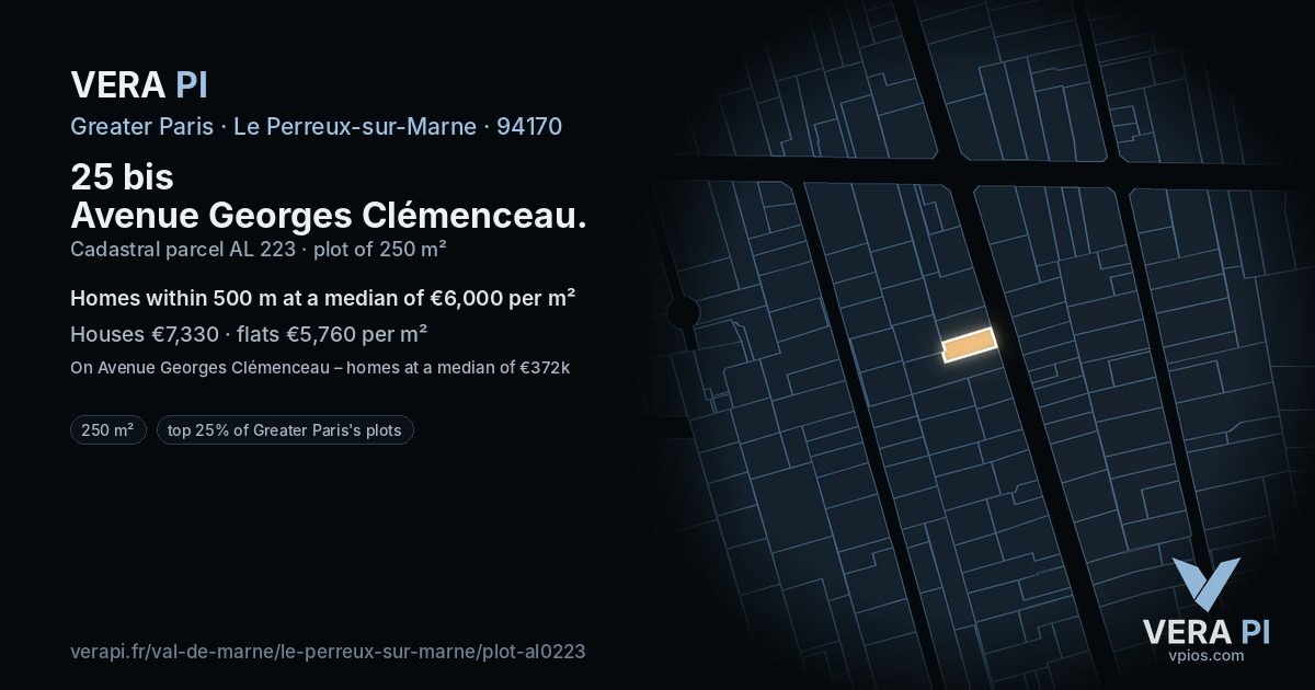 25 bis Avenue Georges Clémenceau, Le Perreux-sur-Marne at night – the plot lit, the parcels around coloured by the prices near them