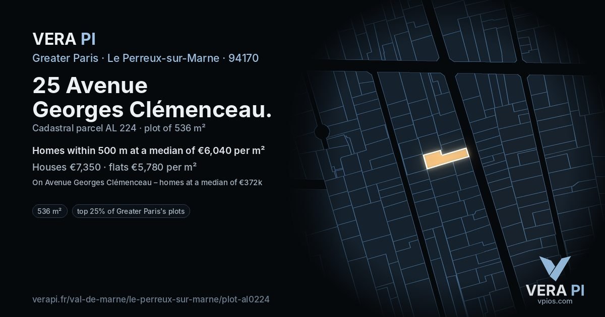25 Avenue Georges Clémenceau, Le Perreux-sur-Marne at night – the plot lit, the parcels around coloured by the prices near them