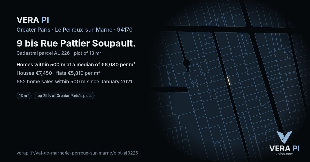 9 bis Rue Pattier Soupault, Le Perreux-sur-Marne at night – the plot lit, the parcels around coloured by the prices near them