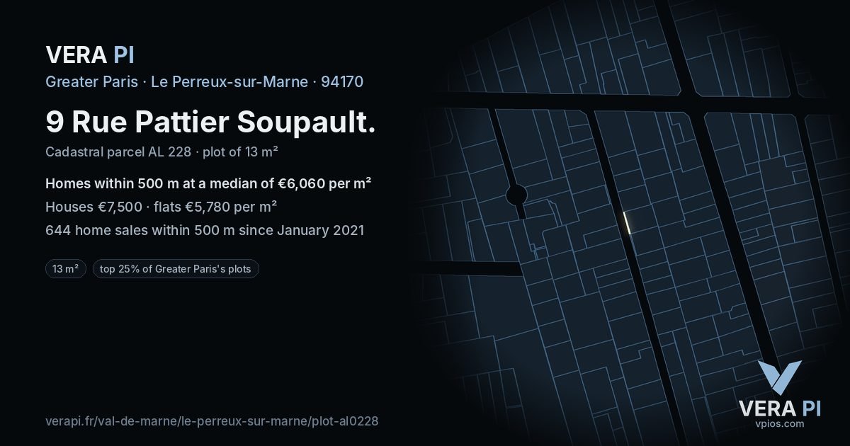 9 Rue Pattier Soupault, Le Perreux-sur-Marne at night – the plot lit, the parcels around coloured by the prices near them