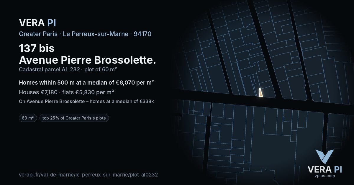 137 bis Avenue Pierre Brossolette, Le Perreux-sur-Marne at night – the plot lit, the parcels around coloured by the prices near them