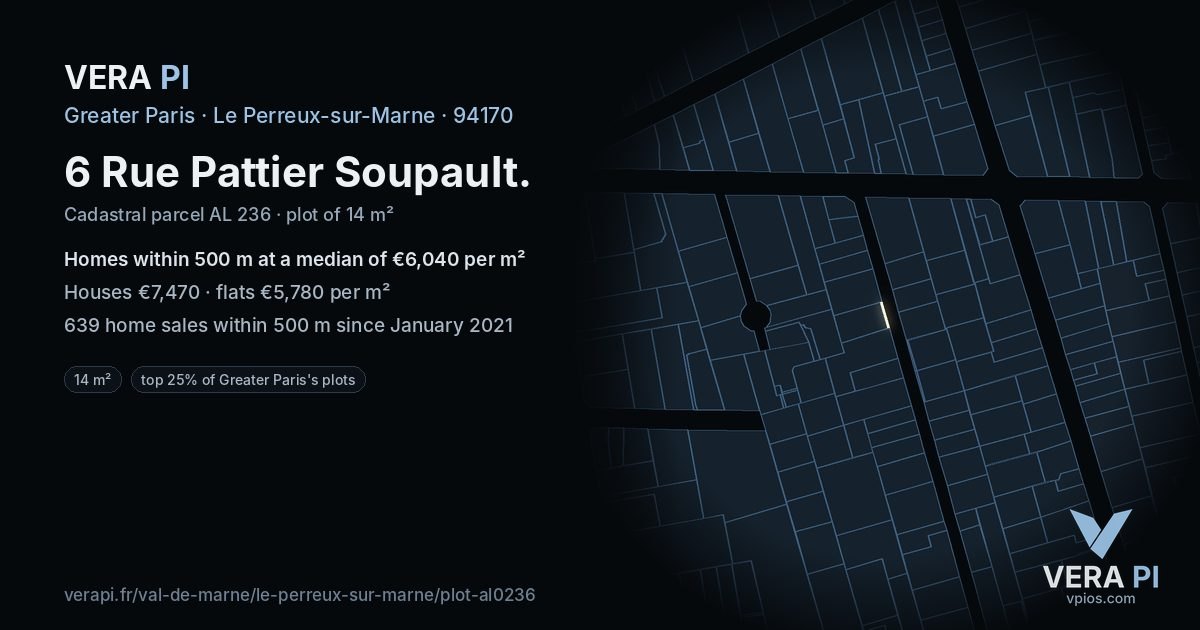 6 Rue Pattier Soupault, Le Perreux-sur-Marne at night – the plot lit, the parcels around coloured by the prices near them