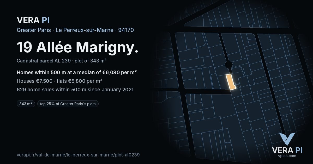 19 Allée Marigny, Le Perreux-sur-Marne at night – the plot lit, the parcels around coloured by the prices near them