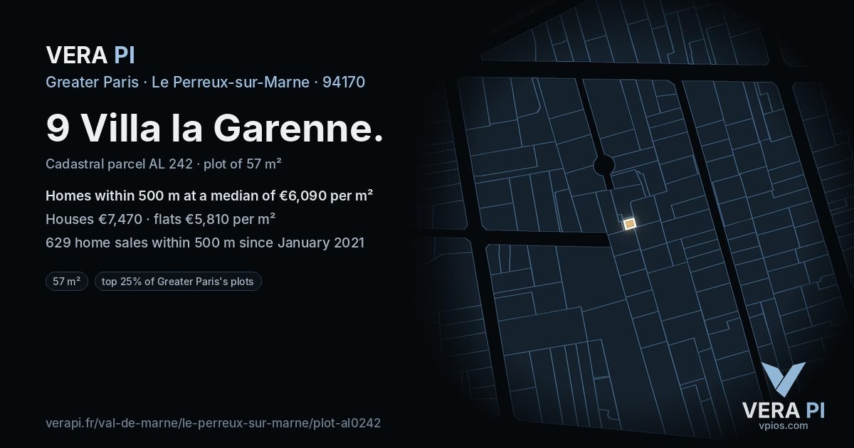 9 Villa la Garenne, Le Perreux-sur-Marne at night – the plot lit, the parcels around coloured by the prices near them
