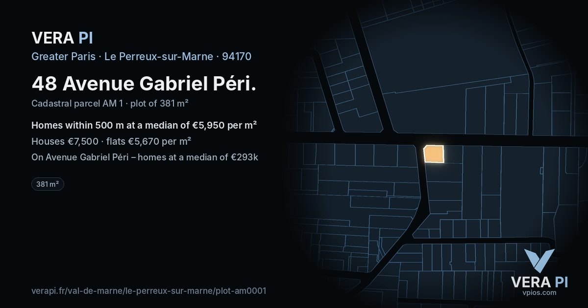 48 Avenue Gabriel Péri, Le Perreux-sur-Marne at night – the plot lit, the parcels around coloured by the prices near them