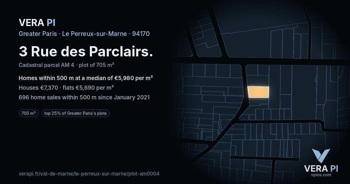 3 Rue des Parclairs, Le Perreux-sur-Marne at night – the plot lit, the parcels around coloured by the prices near them