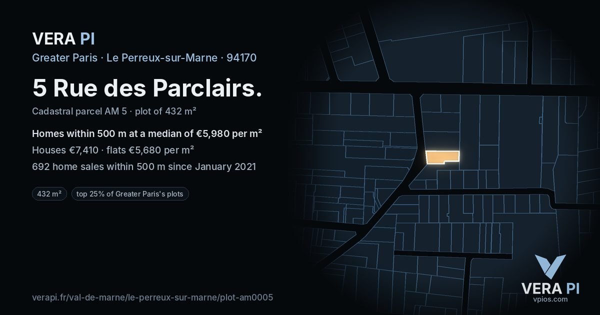 5 Rue des Parclairs, Le Perreux-sur-Marne at night – the plot lit, the parcels around coloured by the prices near them