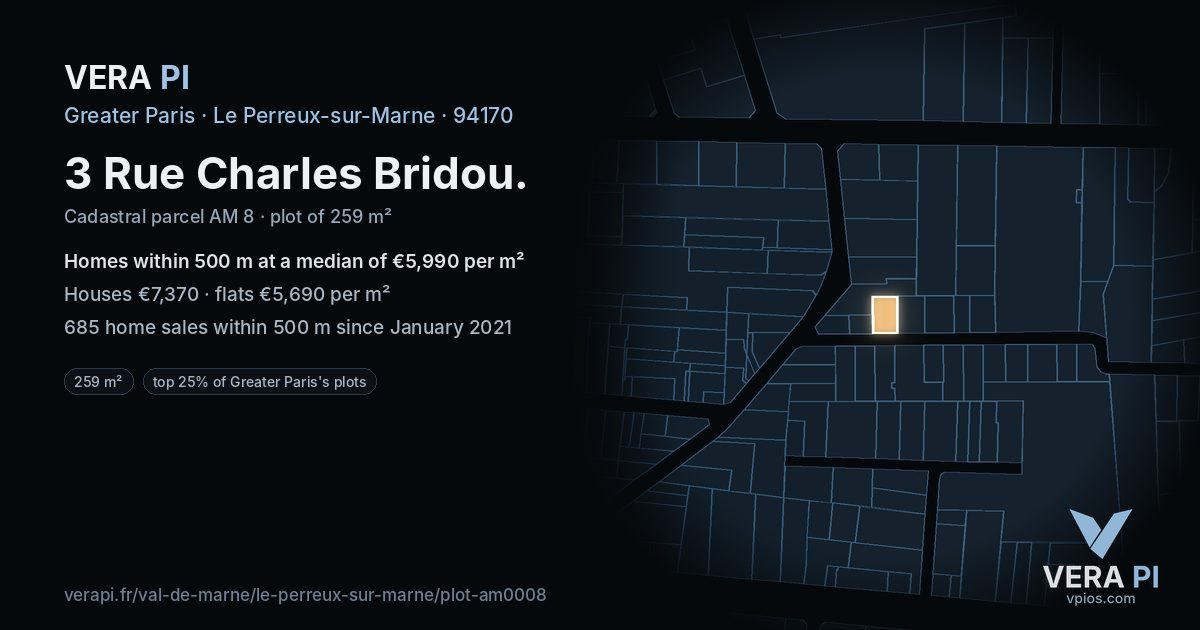 3 Rue Charles Bridou, Le Perreux-sur-Marne at night – the plot lit, the parcels around coloured by the prices near them