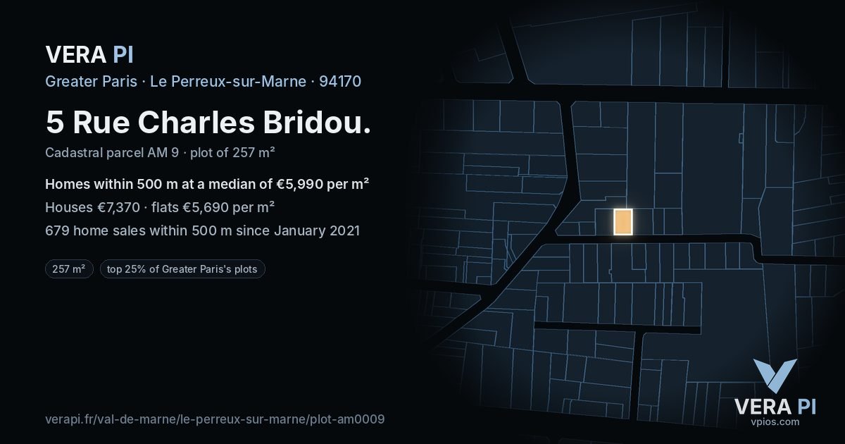 5 Rue Charles Bridou, Le Perreux-sur-Marne at night – the plot lit, the parcels around coloured by the prices near them