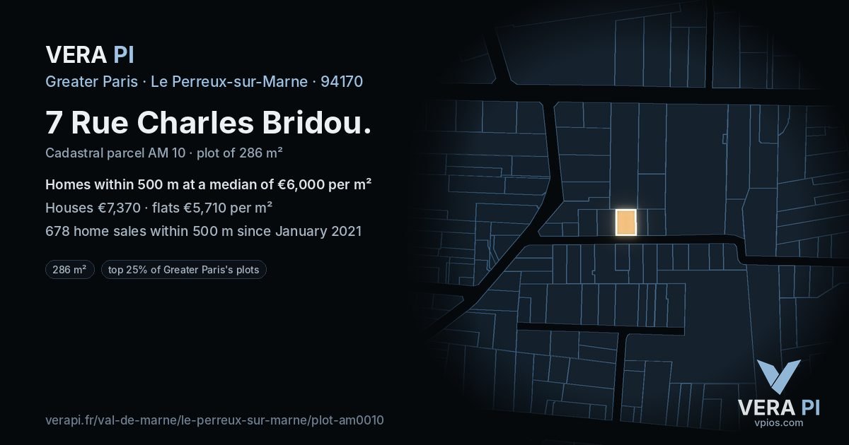 7 Rue Charles Bridou, Le Perreux-sur-Marne at night – the plot lit, the parcels around coloured by the prices near them