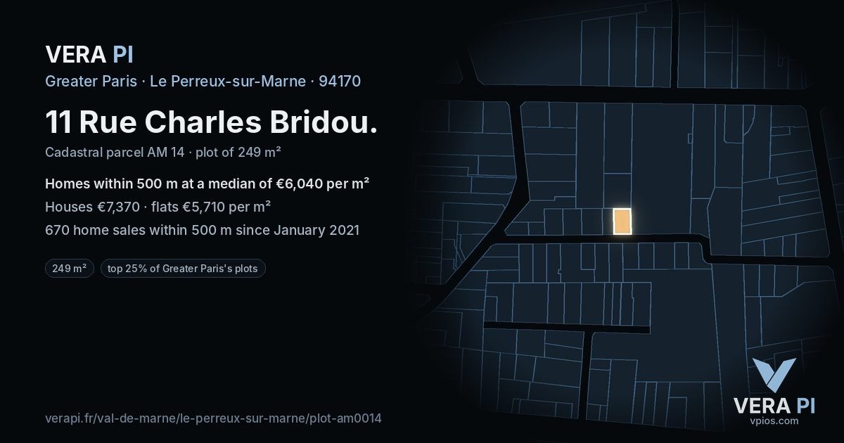 11 Rue Charles Bridou, Le Perreux-sur-Marne at night – the plot lit, the parcels around coloured by the prices near them