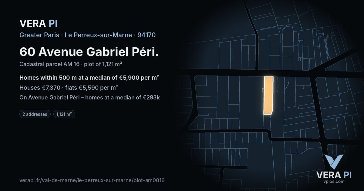 60 Avenue Gabriel Péri, Le Perreux-sur-Marne at night – the plot lit, the parcels around coloured by the prices near them