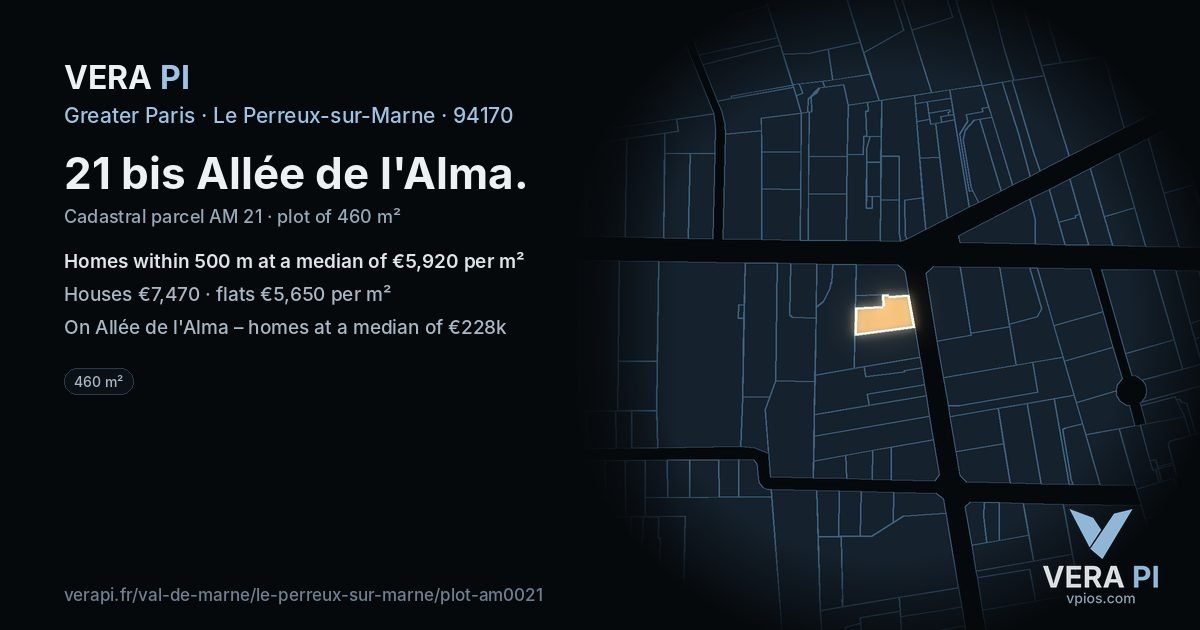 21 bis Allée de l'Alma, Le Perreux-sur-Marne at night – the plot lit, the parcels around coloured by the prices near them