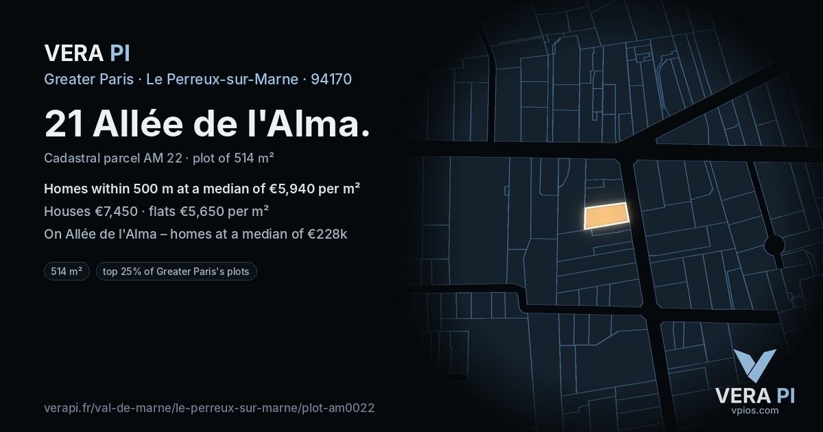 21 Allée de l'Alma, Le Perreux-sur-Marne at night – the plot lit, the parcels around coloured by the prices near them