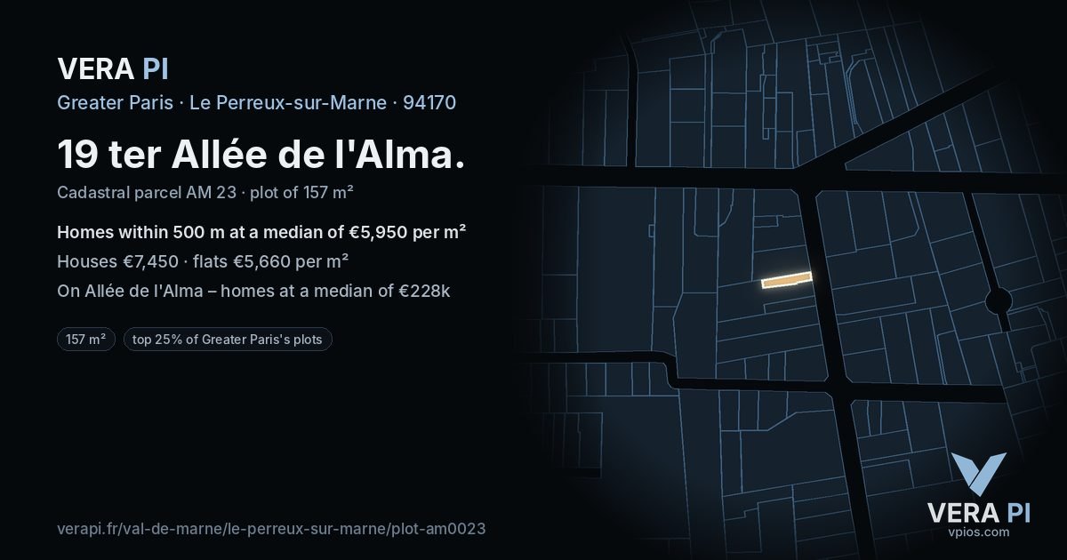 19 ter Allée de l'Alma, Le Perreux-sur-Marne at night – the plot lit, the parcels around coloured by the prices near them