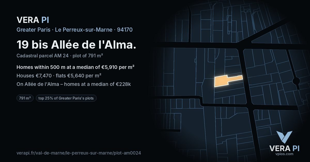 19 bis Allée de l'Alma, Le Perreux-sur-Marne at night – the plot lit, the parcels around coloured by the prices near them