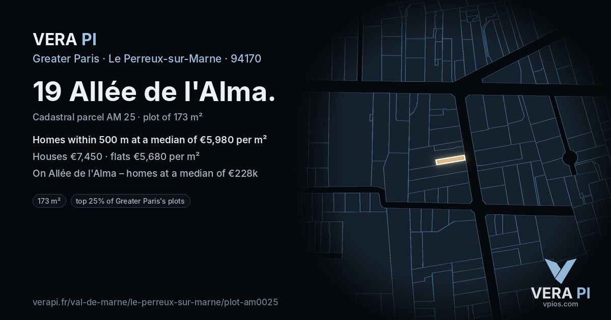 19 Allée de l'Alma, Le Perreux-sur-Marne at night – the plot lit, the parcels around coloured by the prices near them