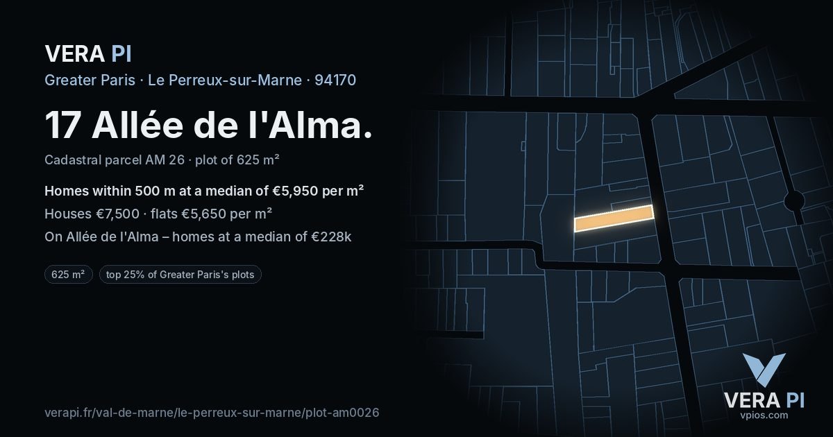 17 Allée de l'Alma, Le Perreux-sur-Marne at night – the plot lit, the parcels around coloured by the prices near them